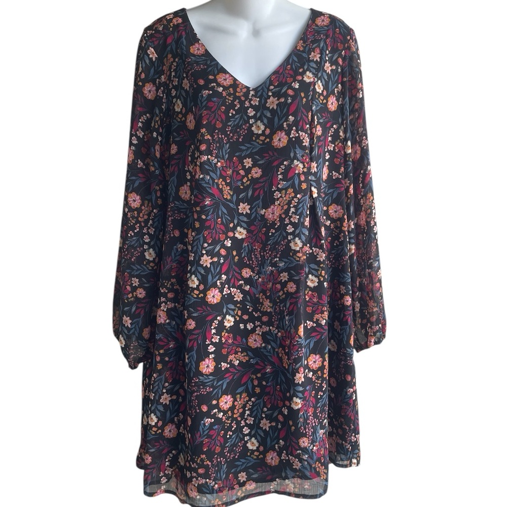 MSK Black Multi Floral Sheath Dress Back Tie Long Sheer Sleeves Woman's Med NWT